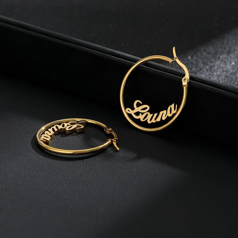 Custom Name Hoop Earrings 70mm Big round Unisex Fashion Jewelry Stainless Steel A - Z Letters Drop Earrings for Bijoux Femme - Black & White