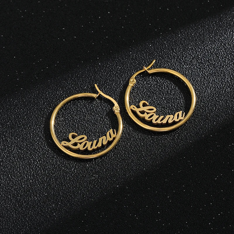 Custom Name Hoop Earrings 70mm Big round Unisex Fashion Jewelry Stainless Steel A - Z Letters Drop Earrings for Bijoux Femme - Black & White