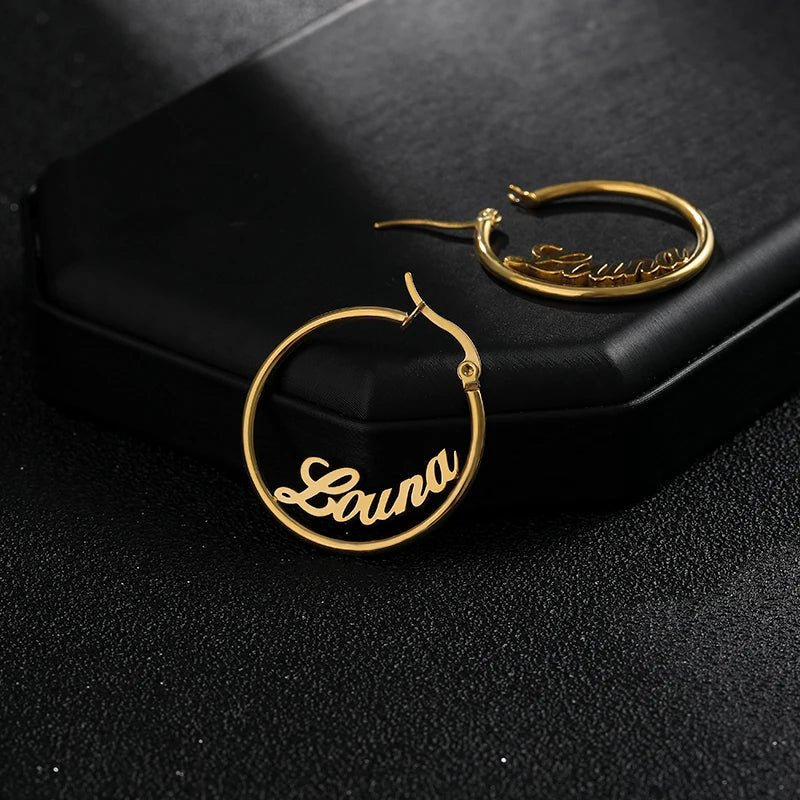 Custom Name Hoop Earrings 70mm Big round Unisex Fashion Jewelry Stainless Steel A - Z Letters Drop Earrings for Bijoux Femme - Black & White