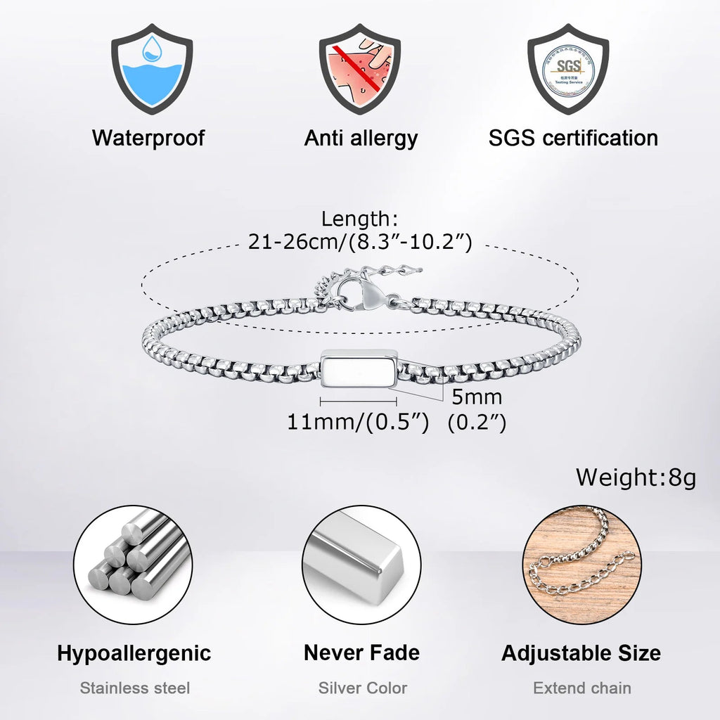 Custom Square Tube Bracelet – Stainless Steel Gift for Men - Black & White