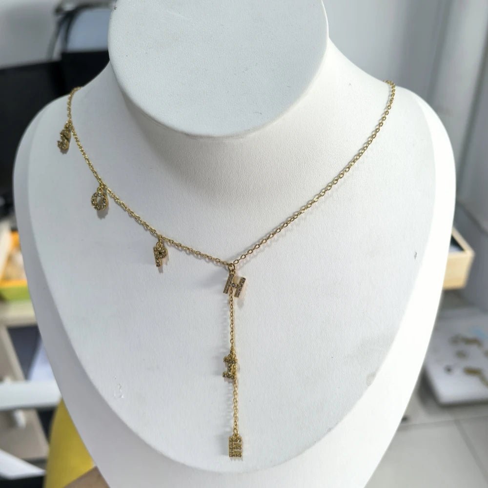 Custom Zirconia Initials Necklace Women Gifts Stainless Steel Gold Color Zircon Letters Name Y Shape Necklace Jewelry - Black & White