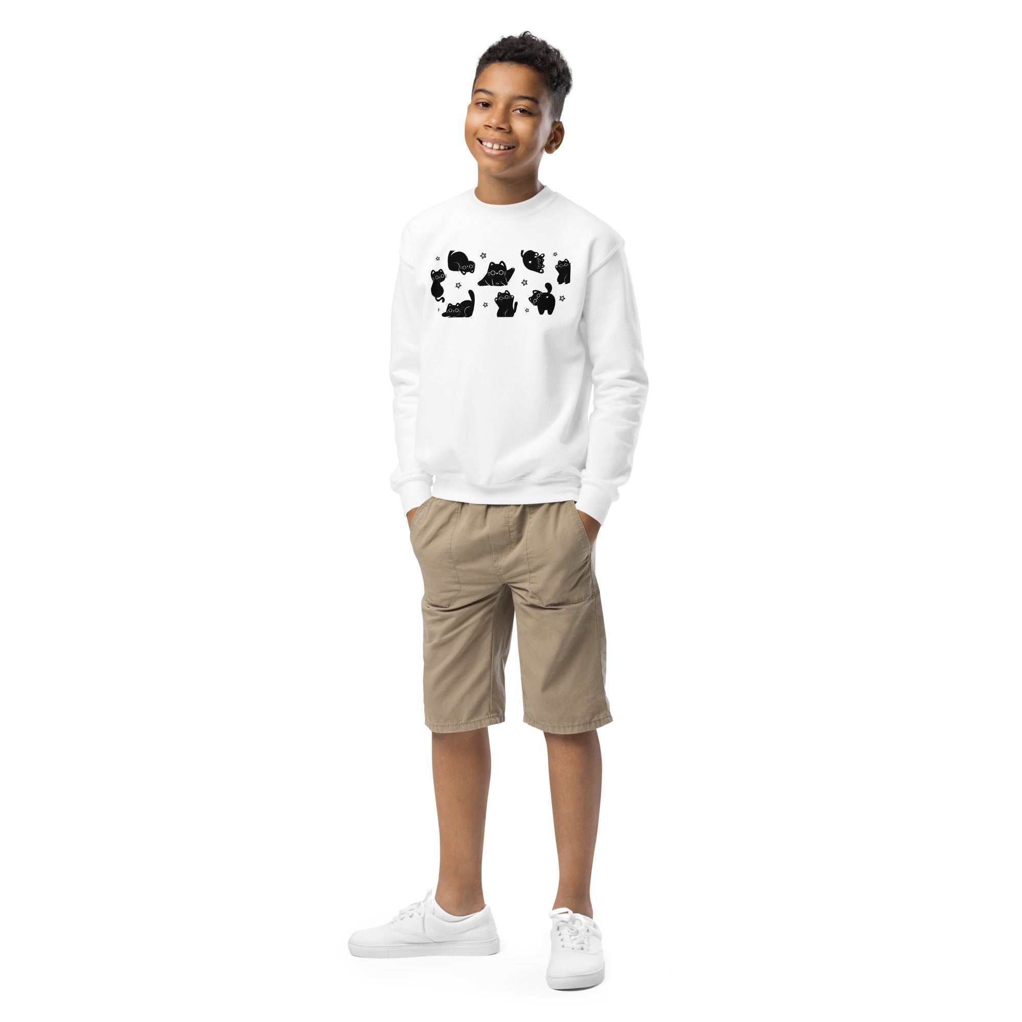 Cute Black Cat Youth crewneck sweatshirt - Black & White
