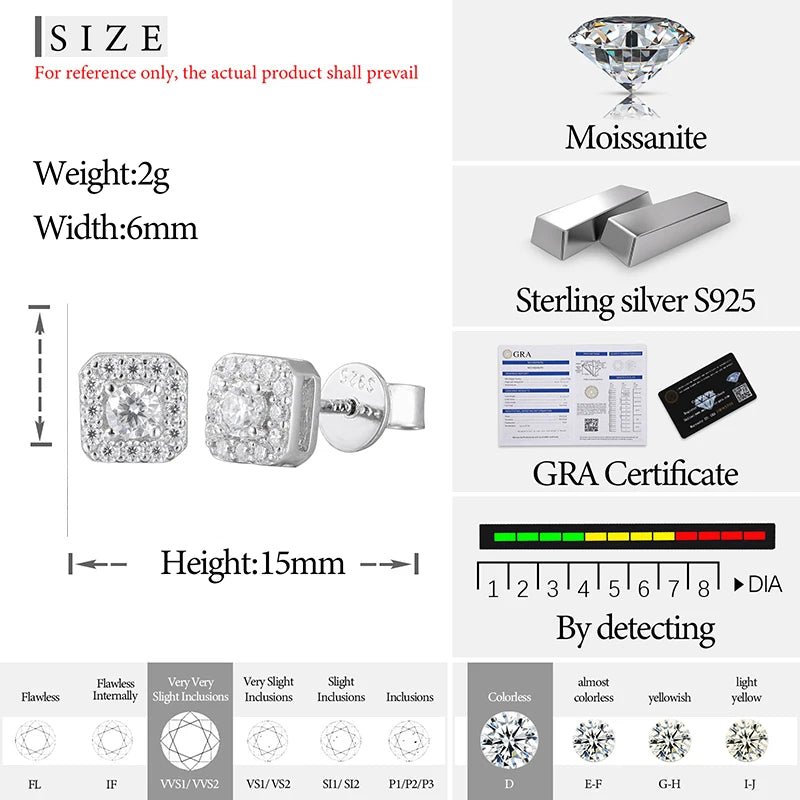 D VVS1 Pass Diamond Tester Unisex Moissanite Square Stud Earrings 925 Sterling Silver For Women Men Fine Jewelry Earring Gift - Black & White
