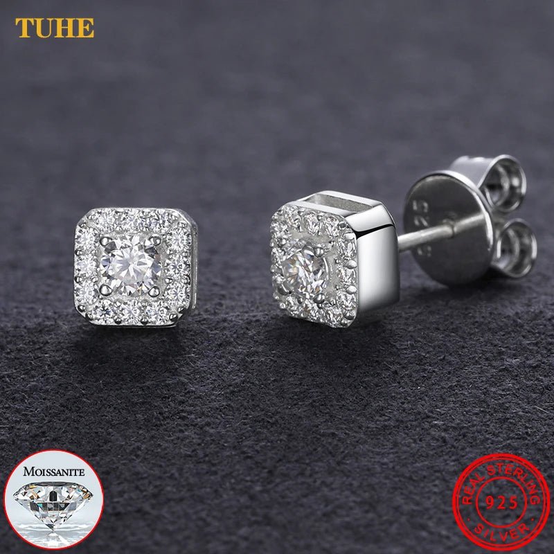 D VVS1 Pass Diamond Tester Unisex Moissanite Square Stud Earrings 925 Sterling Silver For Women Men Fine Jewelry Earring Gift - Black & White