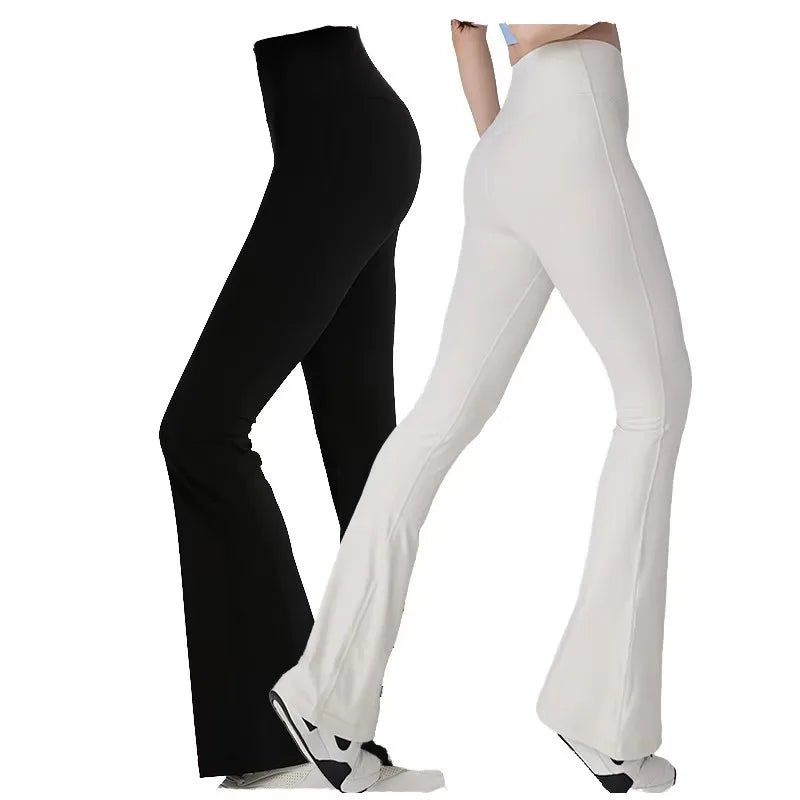 DGWY - HK0213 New Arrival Ladies Fashion Yoga Pants Women's Boot Cut Design Stylish Long Pants High Waist Solid Color Legging - Black & White