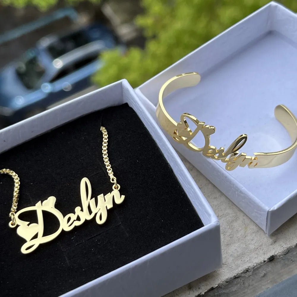 DUOYING Custom Letter Necklace with Name Bracelet Personlized Stainless Steel Nameplate Jewelry Set For Kids - Black & White