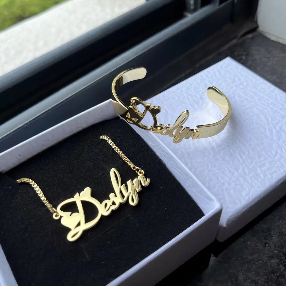 DUOYING Custom Letter Necklace with Name Bracelet Personlized Stainless Steel Nameplate Jewelry Set For Kids - Black & White