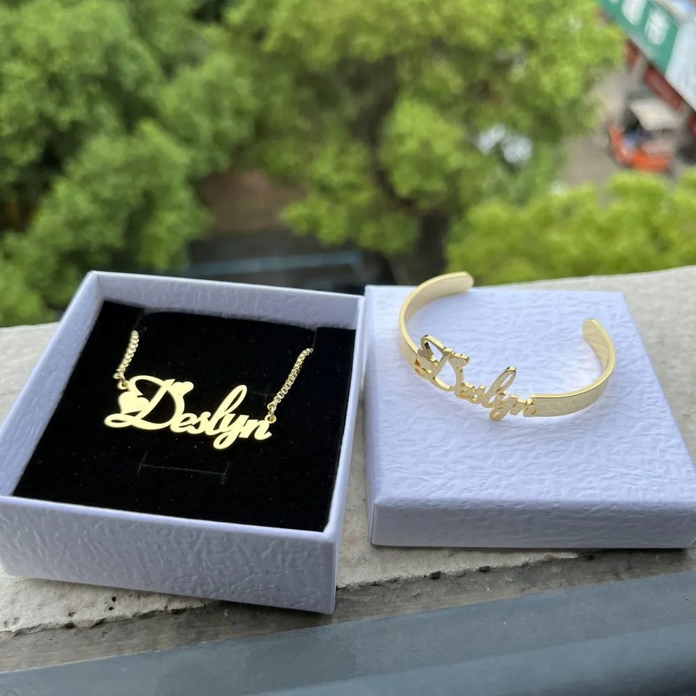 DUOYING Custom Letter Necklace with Name Bracelet Personlized Stainless Steel Nameplate Jewelry Set For Kids - Black & White