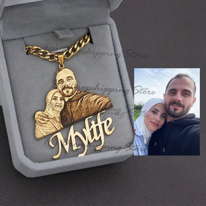 Engraved Photo Pendant & Nameplate – Personalized Necklace Gift for Children & Family - Black & White