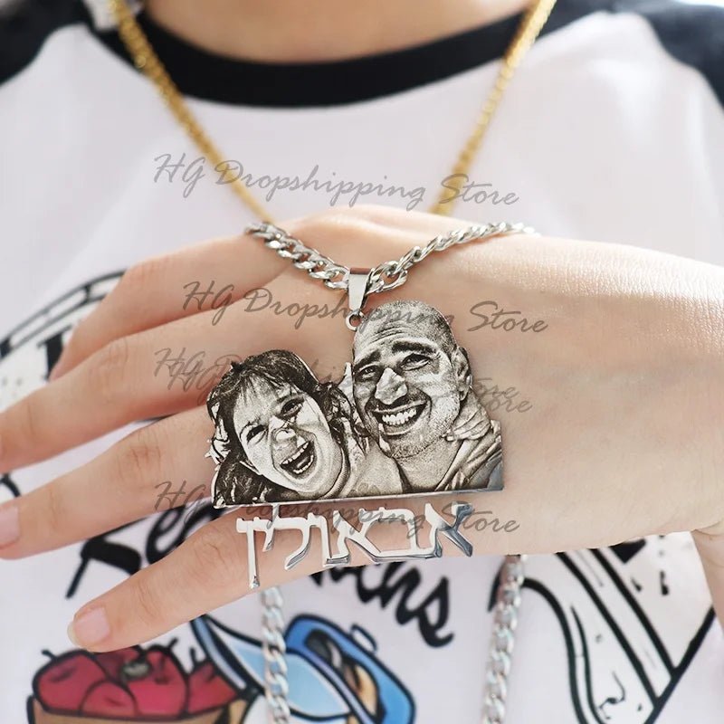 Engraved Photo Pendant & Nameplate – Personalized Necklace Gift for Children & Family - Black & White