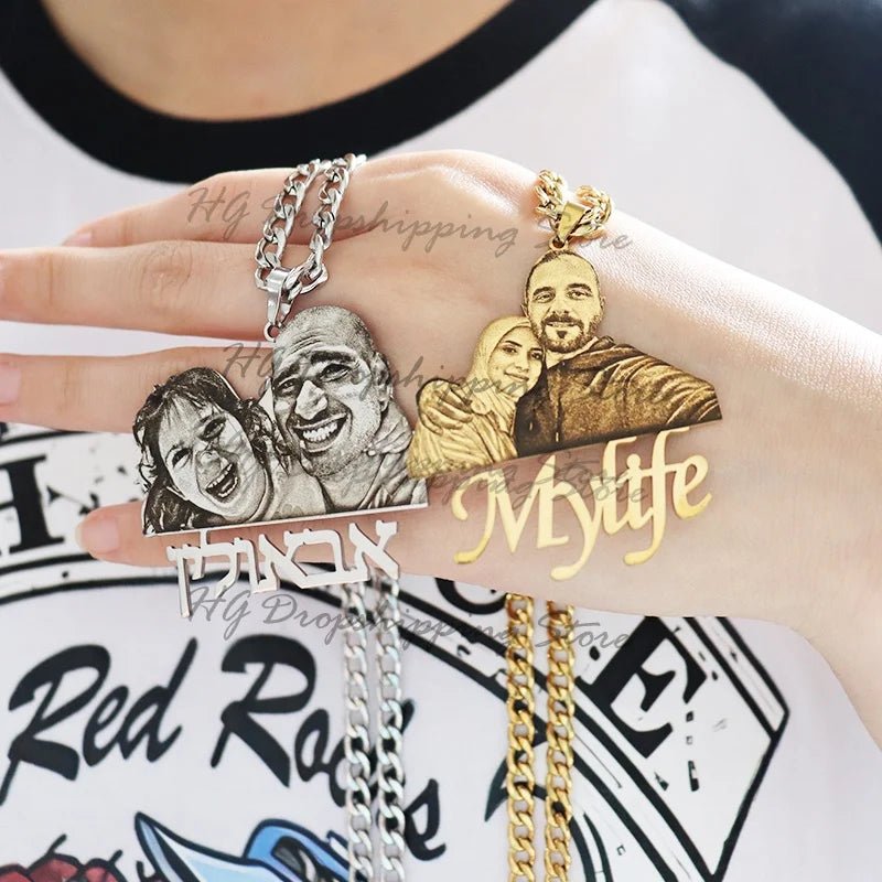 Engraved Photo Pendant & Nameplate – Personalized Necklace Gift for Children & Family - Black & White