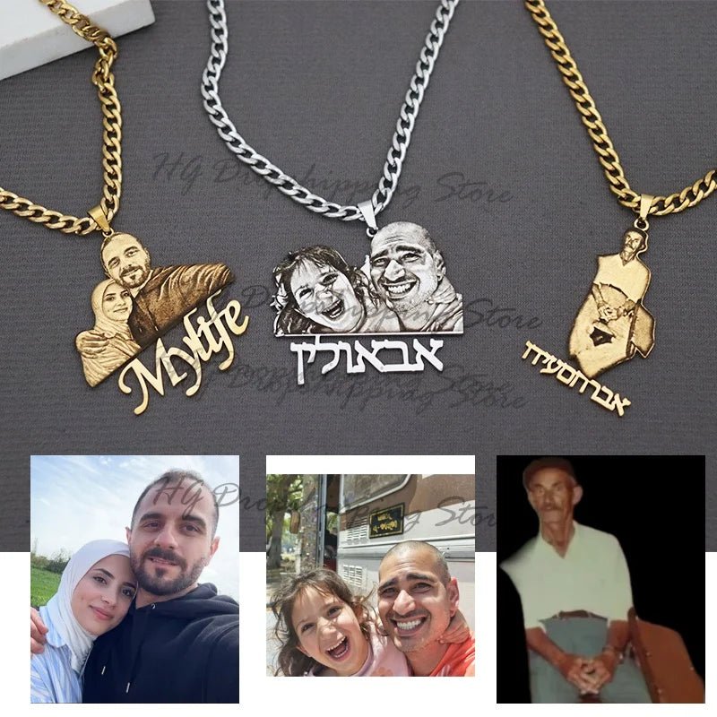 Engraved Photo Pendant & Nameplate – Personalized Necklace Gift for Children & Family - Black & White