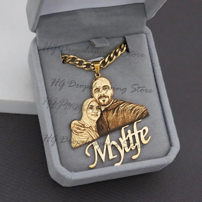 Engraved Photo Pendant & Nameplate – Personalized Necklace Gift for Children & Family - Black & White
