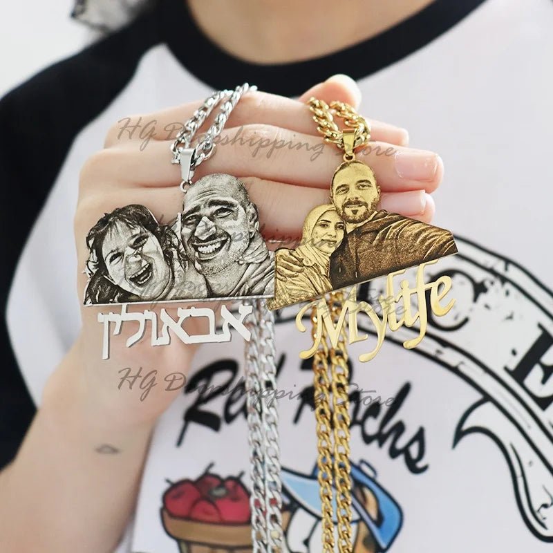 Engraved Photo Pendant & Nameplate – Personalized Necklace Gift for Children & Family - Black & White