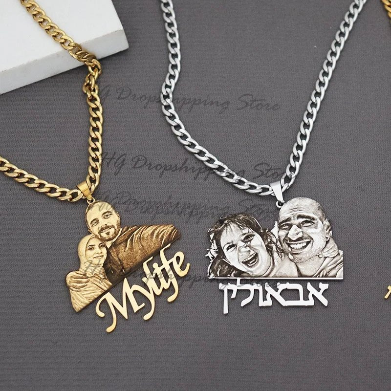 Engraved Photo Pendant & Nameplate – Personalized Necklace Gift for Children & Family - Black & White