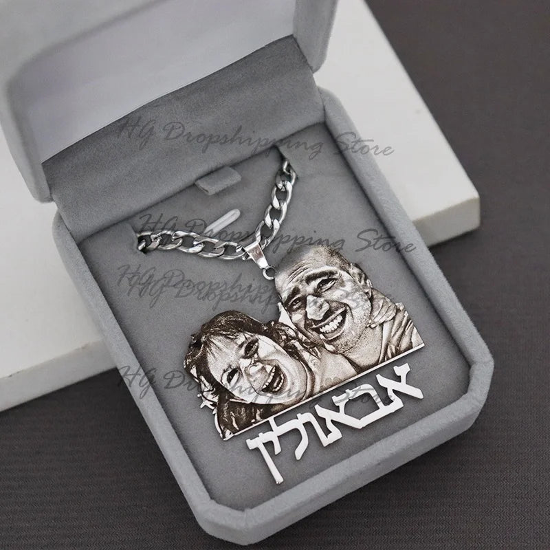Engraved Photo Pendant & Nameplate – Personalized Necklace Gift for Children & Family - Black & White