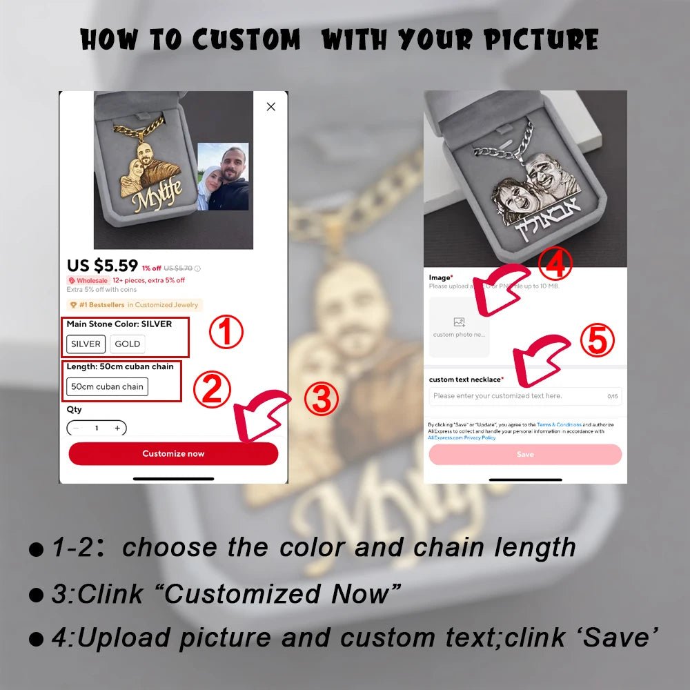 Engraved Photo Pendant & Nameplate – Personalized Necklace Gift for Children & Family - Black & White