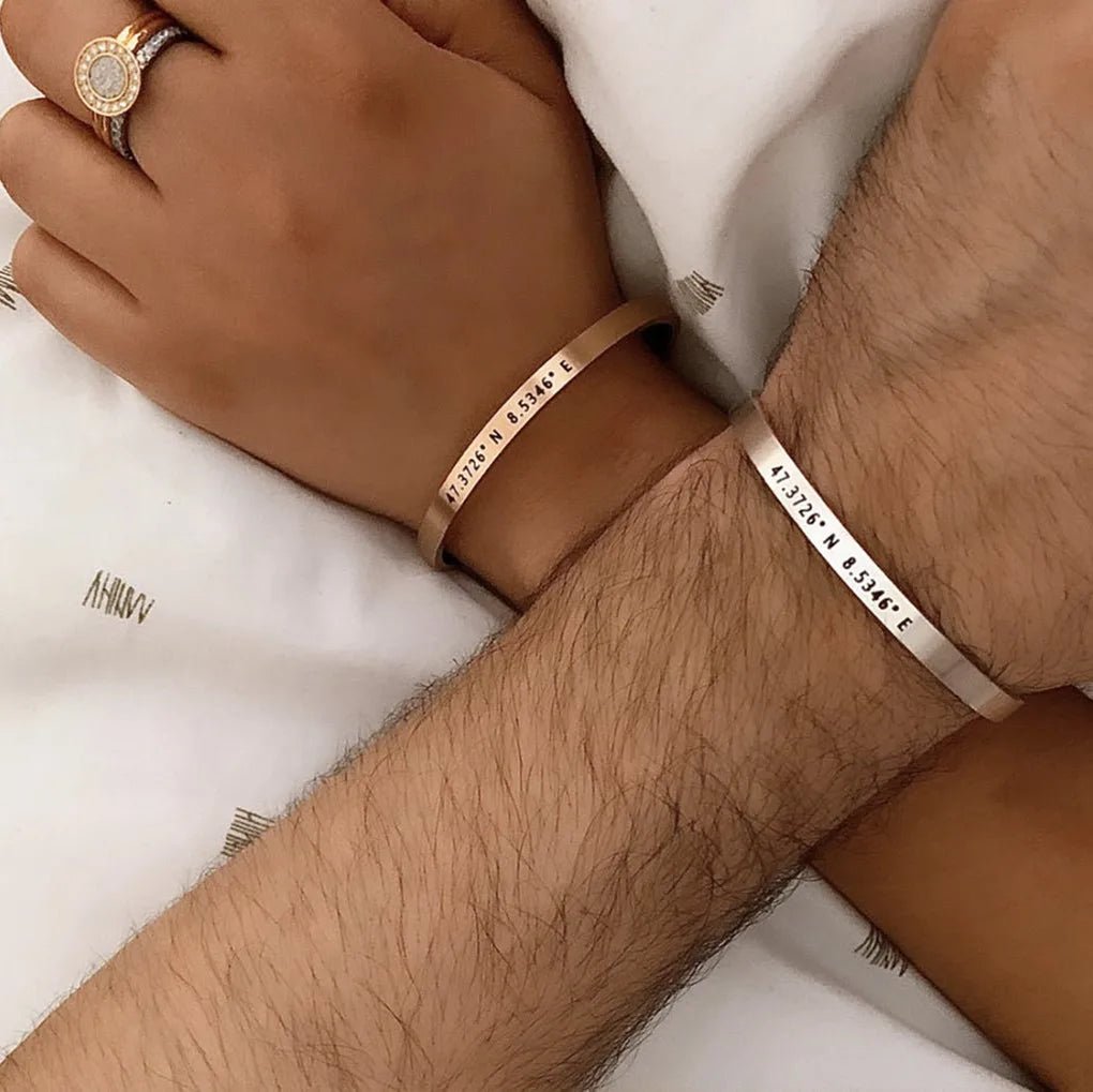 Engraved Steel Travel Bracelet – Custom Coordinates Gift - Black & White