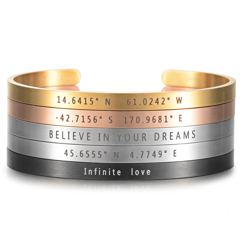 Engraved Steel Travel Bracelet – Custom Coordinates Gift - Black & White