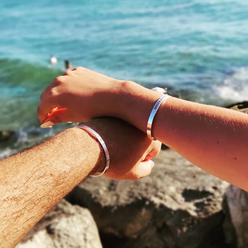 Engraved Steel Travel Bracelet – Custom Coordinates Gift - Black & White