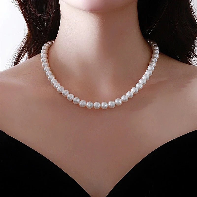 Fashion Elegant White Imitation Pearl Chokers Necklace For Women Men Wedding Banquet Necklaces Vintage Handmade Jewelry Gift - Black & White