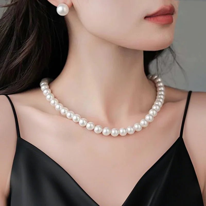 Fashion Elegant White Imitation Pearl Chokers Necklace For Women Men Wedding Banquet Necklaces Vintage Handmade Jewelry Gift - Black & White