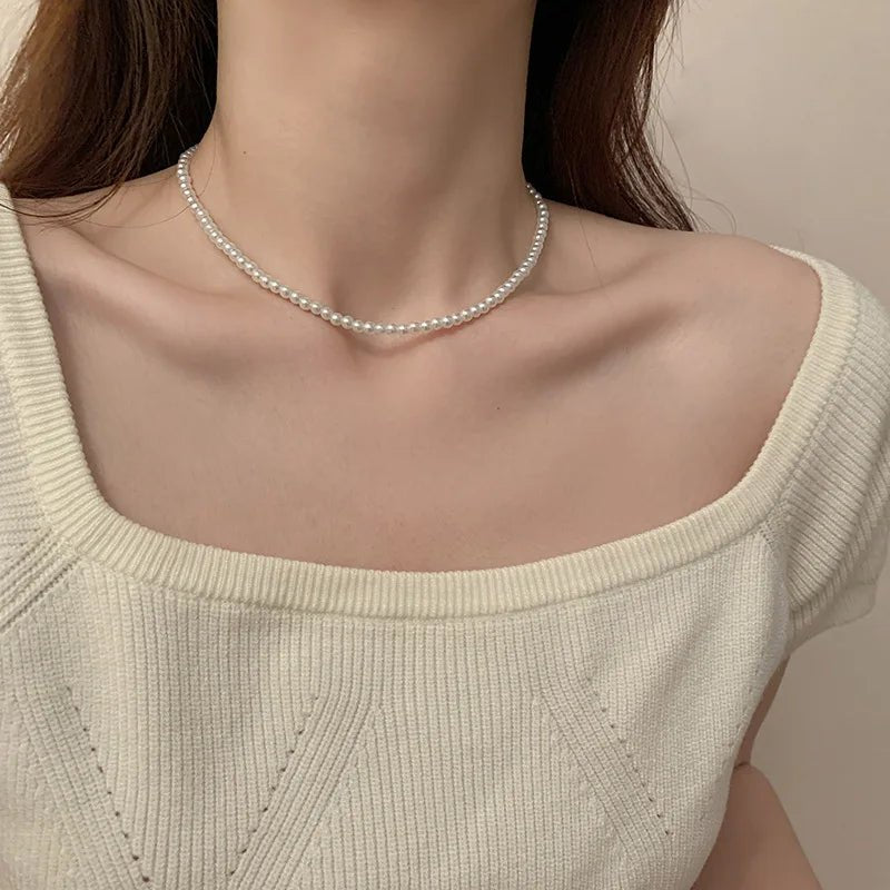 Fashion Elegant White Imitation Pearl Chokers Necklace For Women Men Wedding Banquet Necklaces Vintage Handmade Jewelry Gift - Black & White