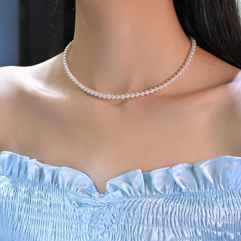 Fashion Elegant White Imitation Pearl Chokers Necklace For Women Men Wedding Banquet Necklaces Vintage Handmade Jewelry Gift - Black & White