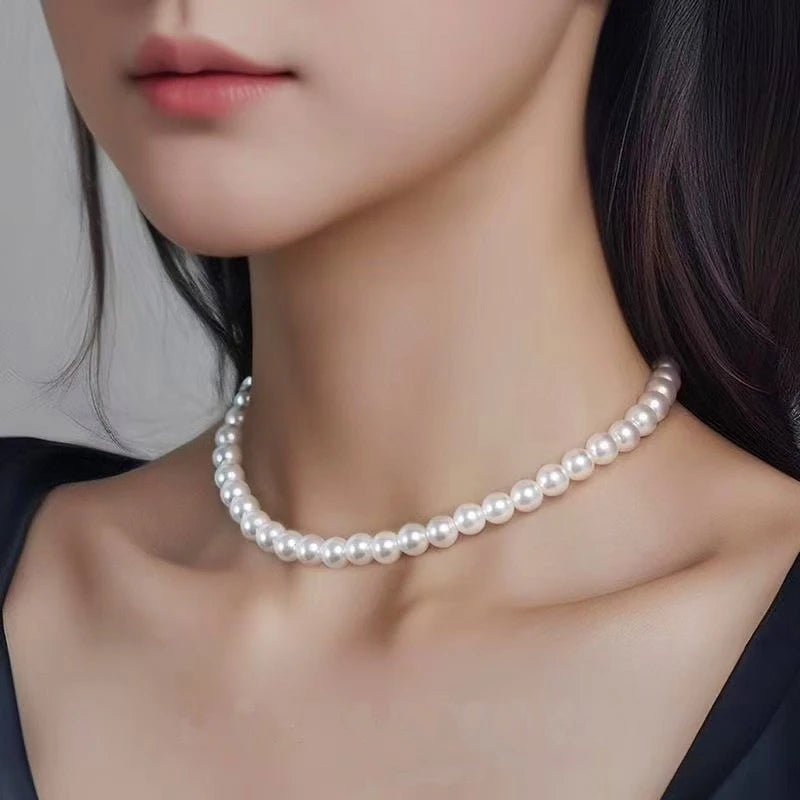 Fashion Elegant White Imitation Pearl Chokers Necklace For Women Men Wedding Banquet Necklaces Vintage Handmade Jewelry Gift - Black & White