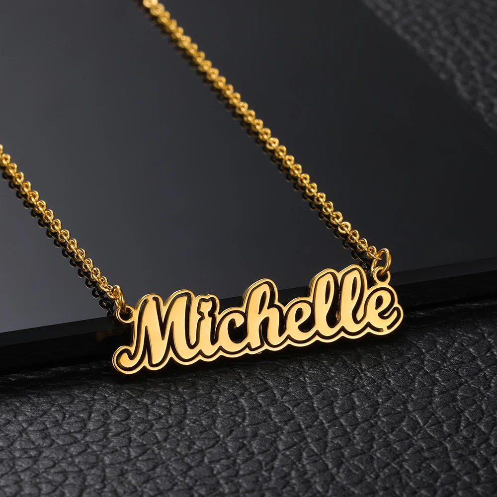 Gold Color Stainless Steel Custom Name Necklace for Women with Heart Ribbon Personality Nameplate Fashion Jewelry Gift - Black & White