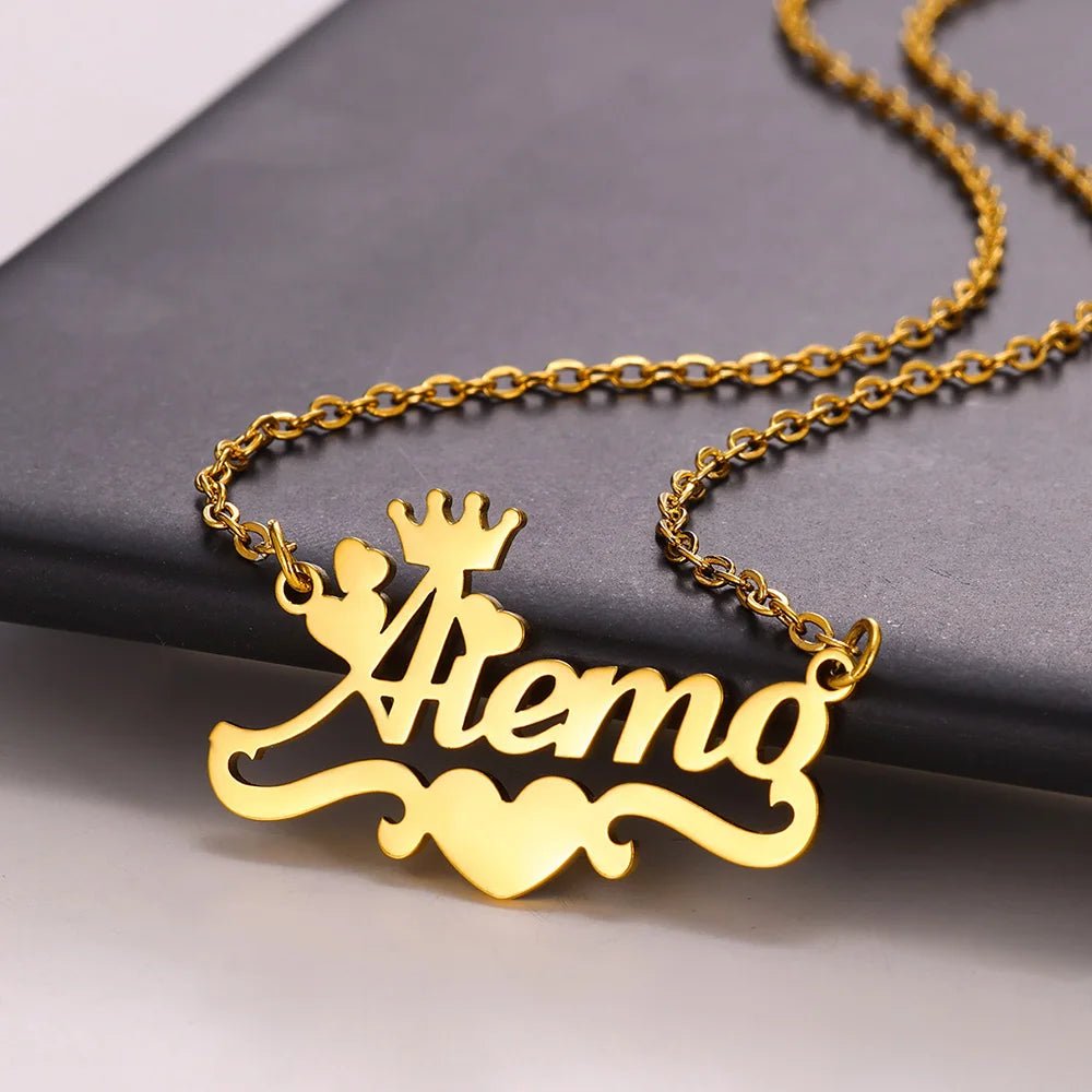 Gold Color Stainless Steel Custom Name Necklace for Women with Heart Ribbon Personality Nameplate Fashion Jewelry Gift - Black & White