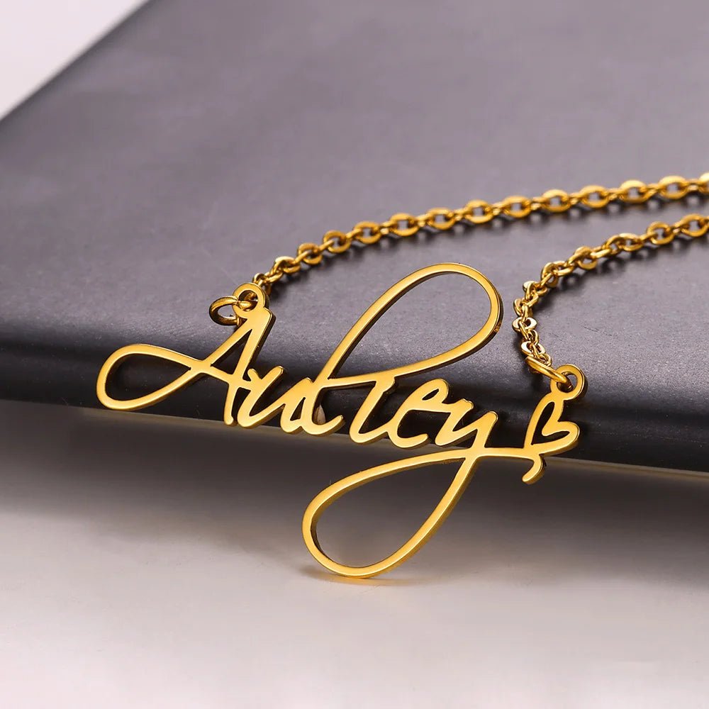 Gold Color Stainless Steel Custom Name Necklace for Women with Heart Ribbon Personality Nameplate Fashion Jewelry Gift - Black & White