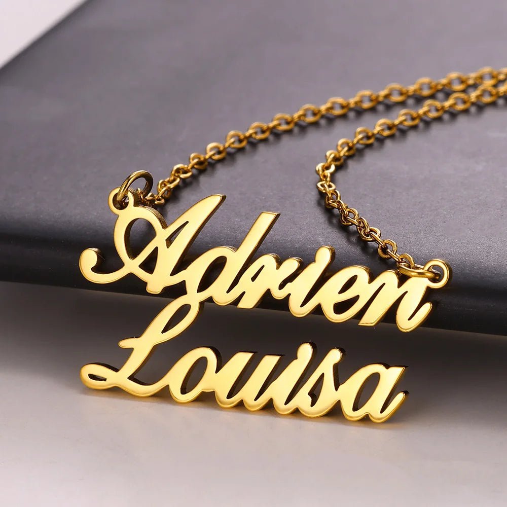 Gold Color Stainless Steel Custom Name Necklace for Women with Heart Ribbon Personality Nameplate Fashion Jewelry Gift - Black & White