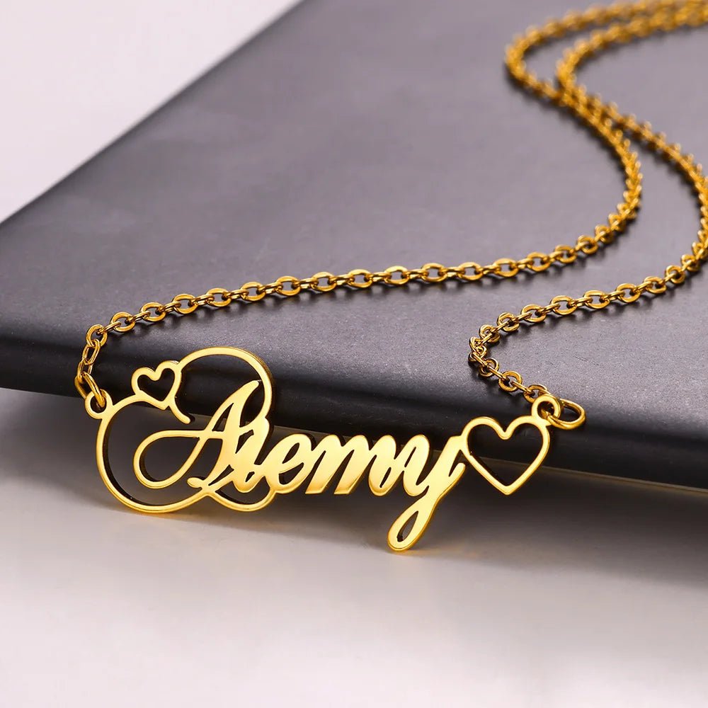 Gold Color Stainless Steel Custom Name Necklace for Women with Heart Ribbon Personality Nameplate Fashion Jewelry Gift - Black & White