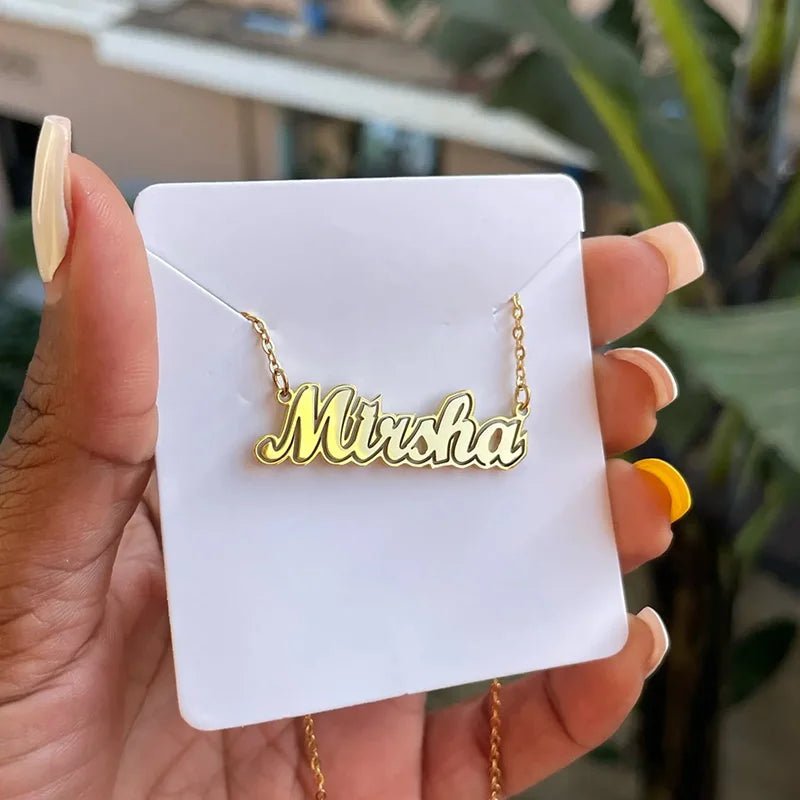 Gold Color Stainless Steel Custom Name Necklace for Women with Heart Ribbon Personality Nameplate Fashion Jewelry Gift - Black & White