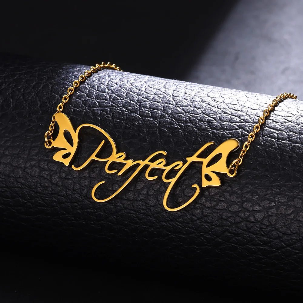 Gold Color Stainless Steel Custom Name Necklace for Women with Heart Ribbon Personality Nameplate Fashion Jewelry Gift - Black & White