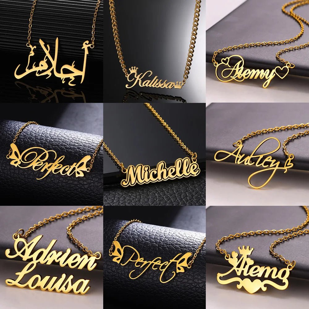 Gold Color Stainless Steel Custom Name Necklace for Women with Heart Ribbon Personality Nameplate Fashion Jewelry Gift - Black & White