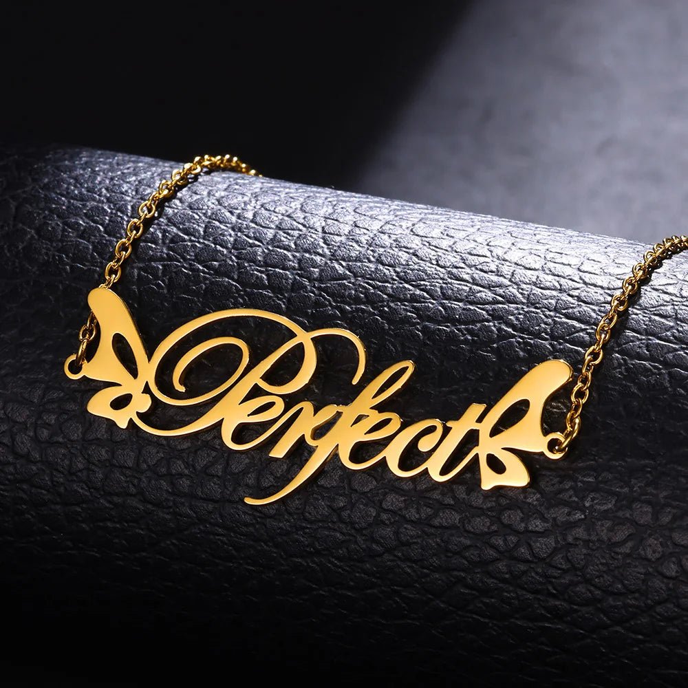 Gold Color Stainless Steel Custom Name Necklace for Women with Heart Ribbon Personality Nameplate Fashion Jewelry Gift - Black & White
