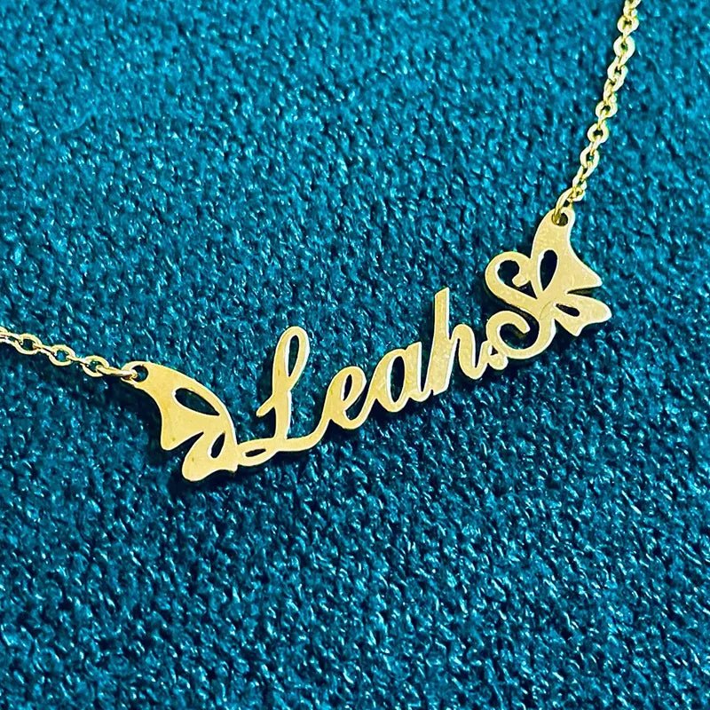 Gold Color Stainless Steel Custom Name Necklace for Women with Heart Ribbon Personality Nameplate Fashion Jewelry Gift - Black & White