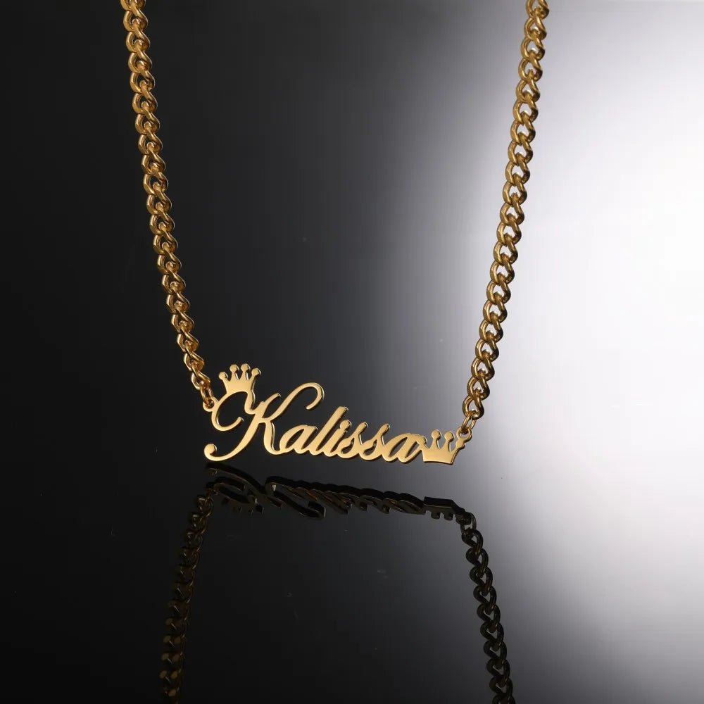 Gold Color Stainless Steel Custom Name Necklace for Women with Heart Ribbon Personality Nameplate Fashion Jewelry Gift - Black & White