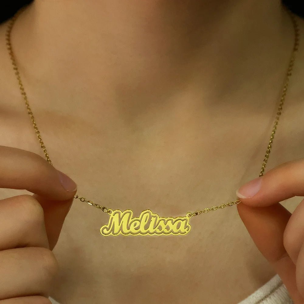 Gold Color Stainless Steel Custom Name Necklace for Women with Heart Ribbon Personality Nameplate Fashion Jewelry Gift - Black & White