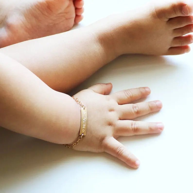 Gold Custom Baby Bracelet Name Stainless Steel Adjustable Baby Toddler Child ID Bracelet - Personalized Girl Boy Birthday Gift Kid - Black & White