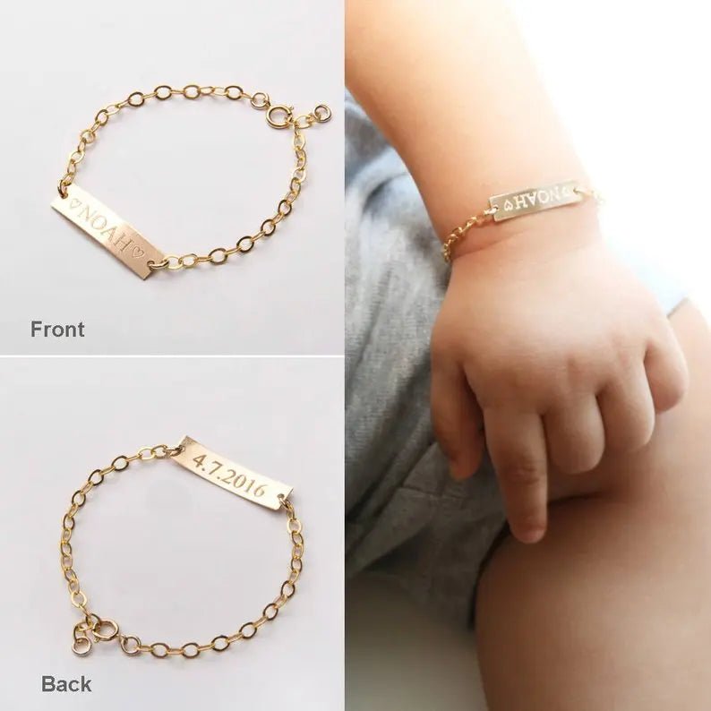 Gold Custom Baby Bracelet Name Stainless Steel Adjustable Baby Toddler Child ID Bracelet - Personalized Girl Boy Birthday Gift Kid - Black & White