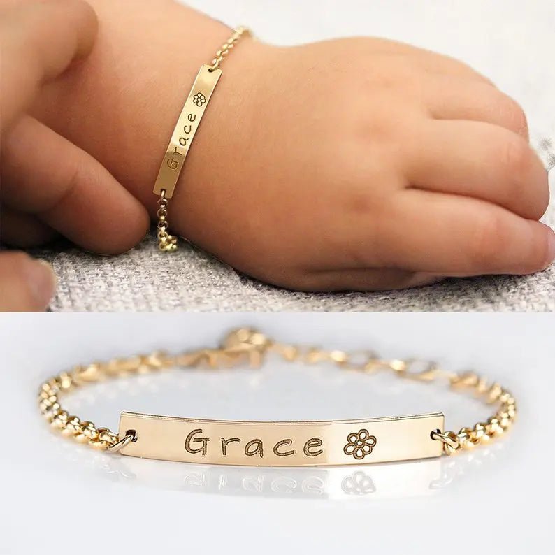Gold Custom Baby Bracelet Name Stainless Steel Adjustable Baby Toddler Child ID Bracelet - Personalized Girl Boy Birthday Gift Kid - Black & White