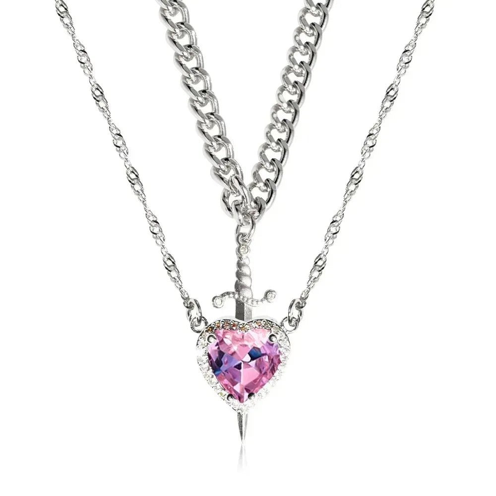 Heart and Sword Necklace Couple Necklaces Women Zircon Crystal Necklace Romantic Valentines Day Gift Jewelry Gifts Accessories - Black & White