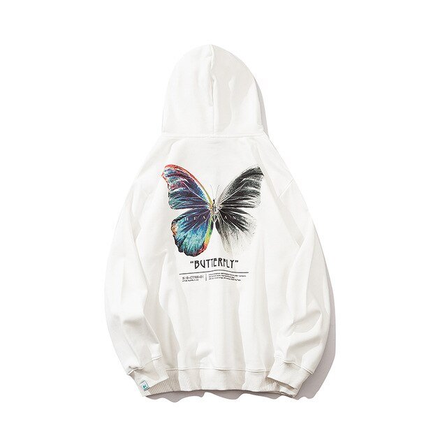 Hip Hop Butterfly Hoodie Sweatshirt Men Harajuku Streetwear Hooded Pullover Cotton Autumn Loose Hoodie Black Clothes - Black & White