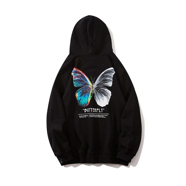 Hip Hop Butterfly Hoodie Sweatshirt Men Harajuku Streetwear Hooded Pullover Cotton Autumn Loose Hoodie Black Clothes - Black & White