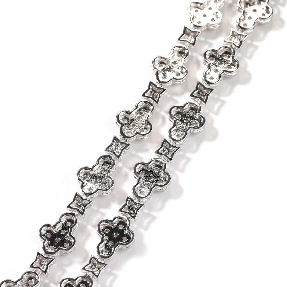Hip Hop Iced Out Cross Link Chain Bracelet Flower Zirconia Diamond Necklace Women Men Jewelry - Black & White