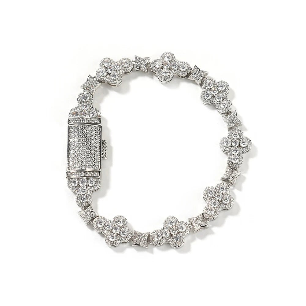 Hip Hop Iced Out Cross Link Chain Bracelet Flower Zirconia Diamond Necklace Women Men Jewelry - Black & White