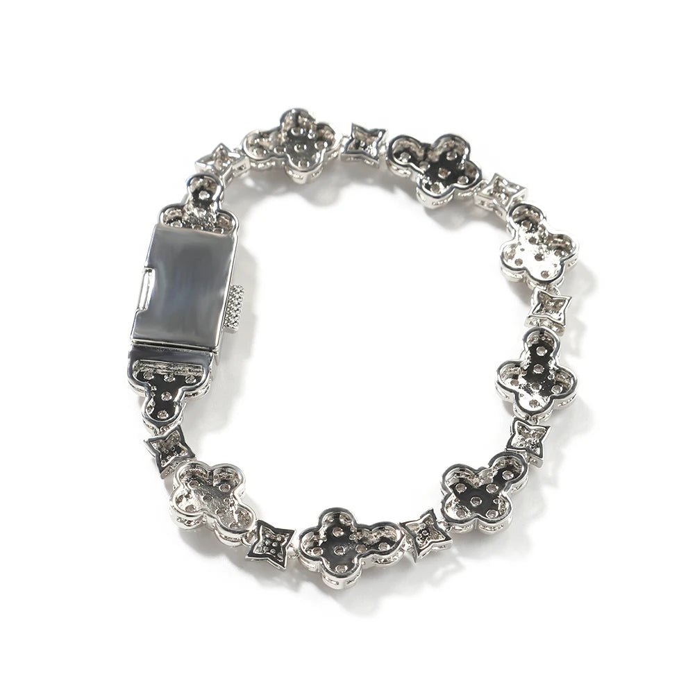 Hip Hop Iced Out Cross Link Chain Bracelet Flower Zirconia Diamond Necklace Women Men Jewelry - Black & White